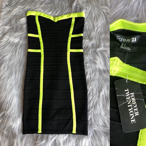 Forever 21 Dresses & Skirts - Forever 21 Black Neon Green Trim Mini Tube Dress